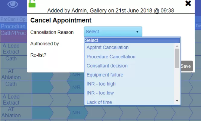 Example of Labyrinth software interface Cath Lab cancellations screen image