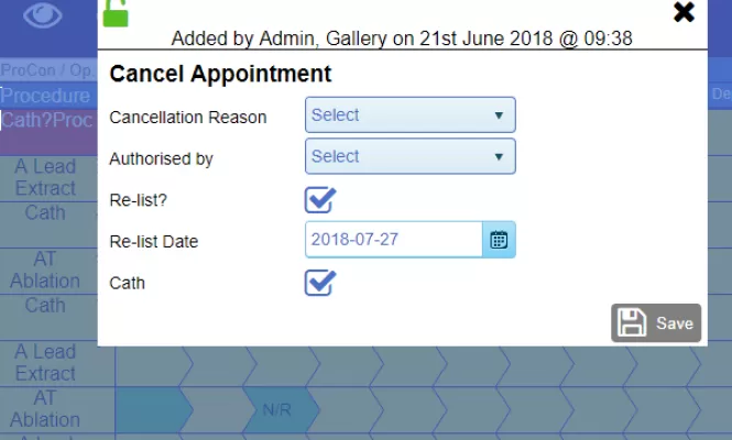 Example of Labyrinth software interface Cath Lab cancellations screen image